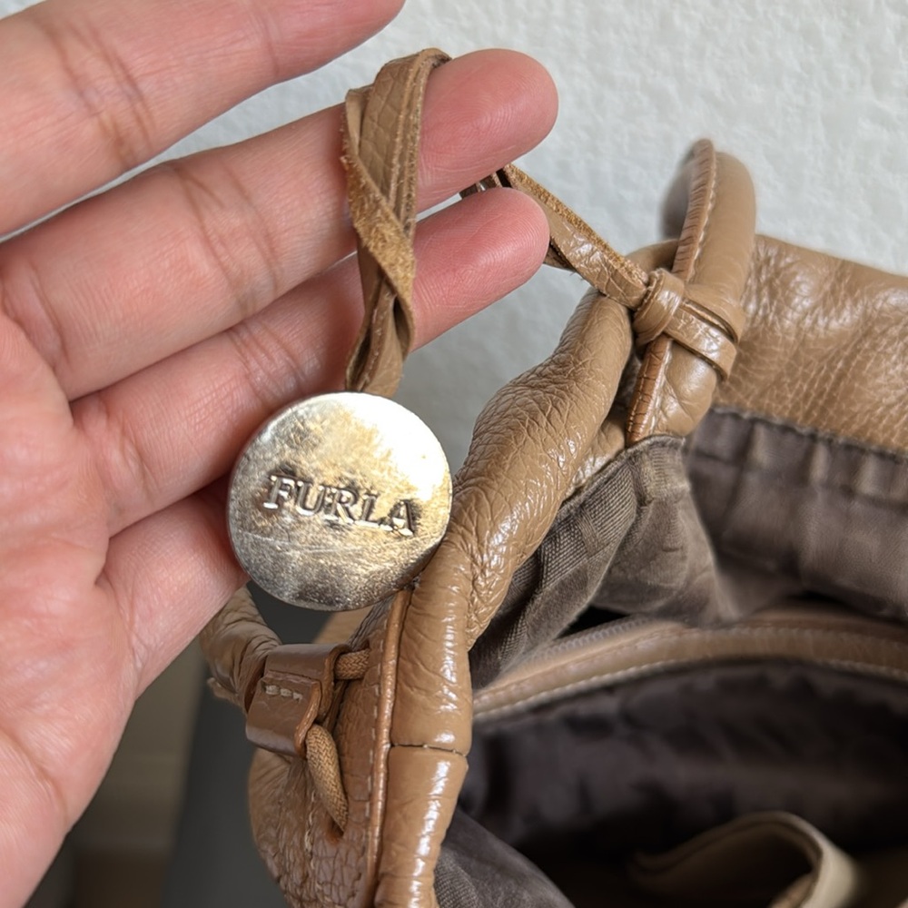 Furla Tan Leather Tote Convertible Bucket Bag - Picture 10 of 12